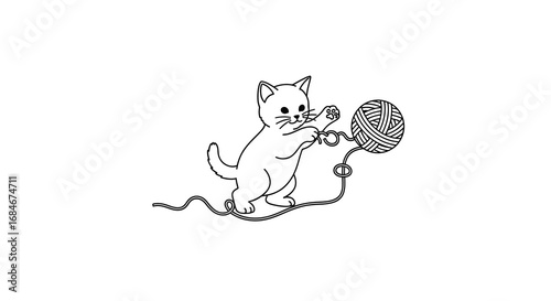 Adorable kitten playfully tangles with a large ball of yarn, capturing innocent joy and playful energy.