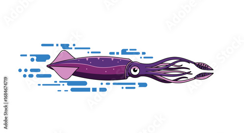Vibrant purple squid glides through blue abstract water streaks, perfect for marine or creative themes.
