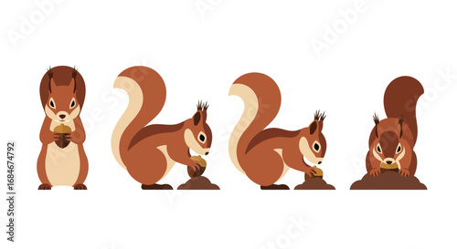 Charming squirrels gather nuts in adorable poses, perfect for autumn and nature themes.