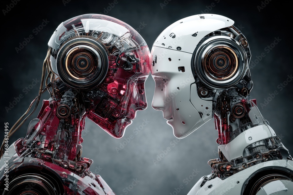 Fototapeta premium Two futuristic robot cyborgs face each other in a dramatic showdown highlighting advanced technology and human-like features