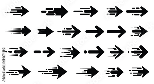 Set of black arrows with motion effect on white background.