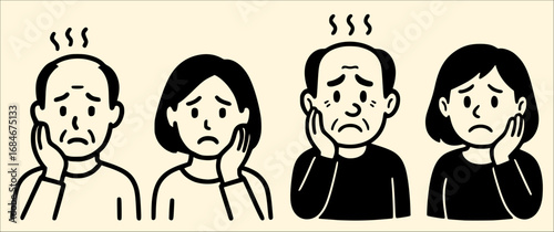 Simple character icon set of a worried middle-aged couple
