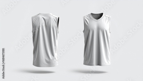 Two Views of a Modern Basketball Jersey Mockup in White, Front and Back Views of a Sleeveless V-Neck Jersey Floating in a Studio Setting