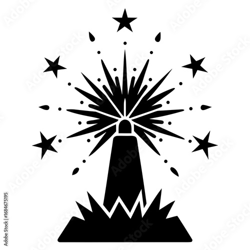 Black firework explosion with stars and sparks white