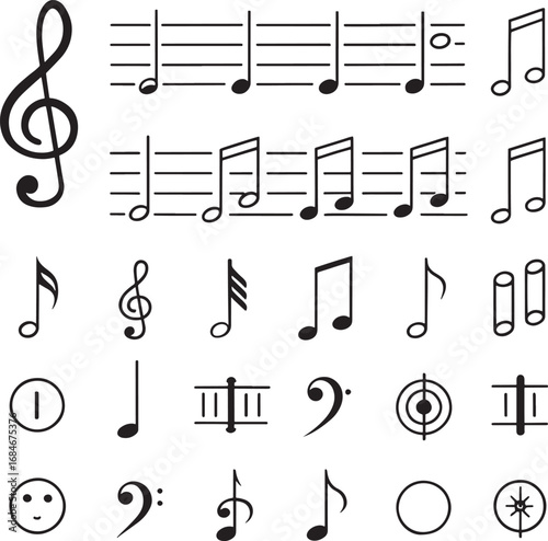 A vector set of musical notes and symbols form a black and white music notes background design