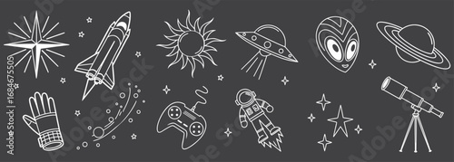 Seamless space pattern with rockets, UFOs, astronauts, planets, and telescopes in doodle line style. Dark background vector illustration for fabric, wallpaper, and digital design. Modern astronomy art