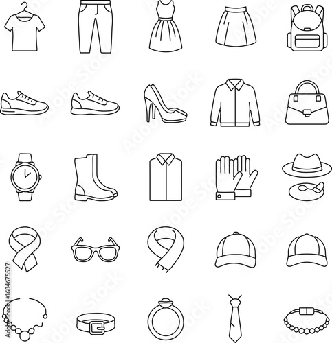 An extensive array of essential fashion elements and accessories are presented in a clean, simplified design. Every item is rendered in a precise linear style. 