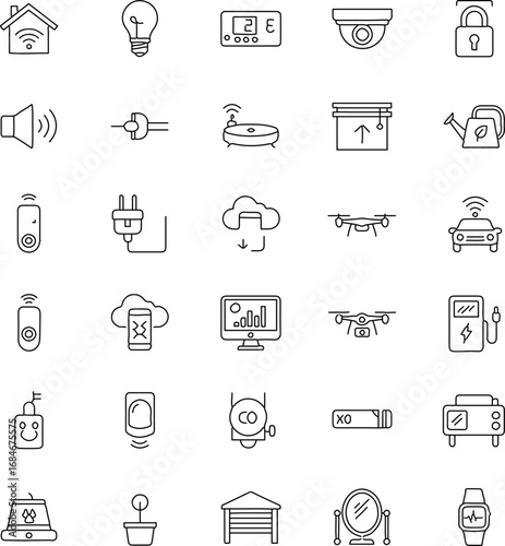 An array of minimalist icons, symbolizing various smart home automation devices, enhancing connectivity and convenience within a modern living space.