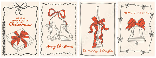 Hand drawn la dolce vita Christmas posters. Minimalist winter line art. Retro vintage new year line art Xmas design with candles, gift box, skates and bell. Vector illustration for invitations