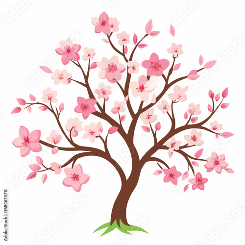 A delicate almond tree with soft pink blossoms and slender branches, a beautiful illustration on a clean white background, for nature or spring concepts.