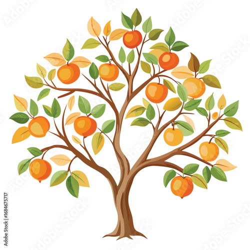 A delicate apricot tree with sweet orange fruits and soft green leaves, a healthy and beautiful illustration on a clean white background, for nature or food.