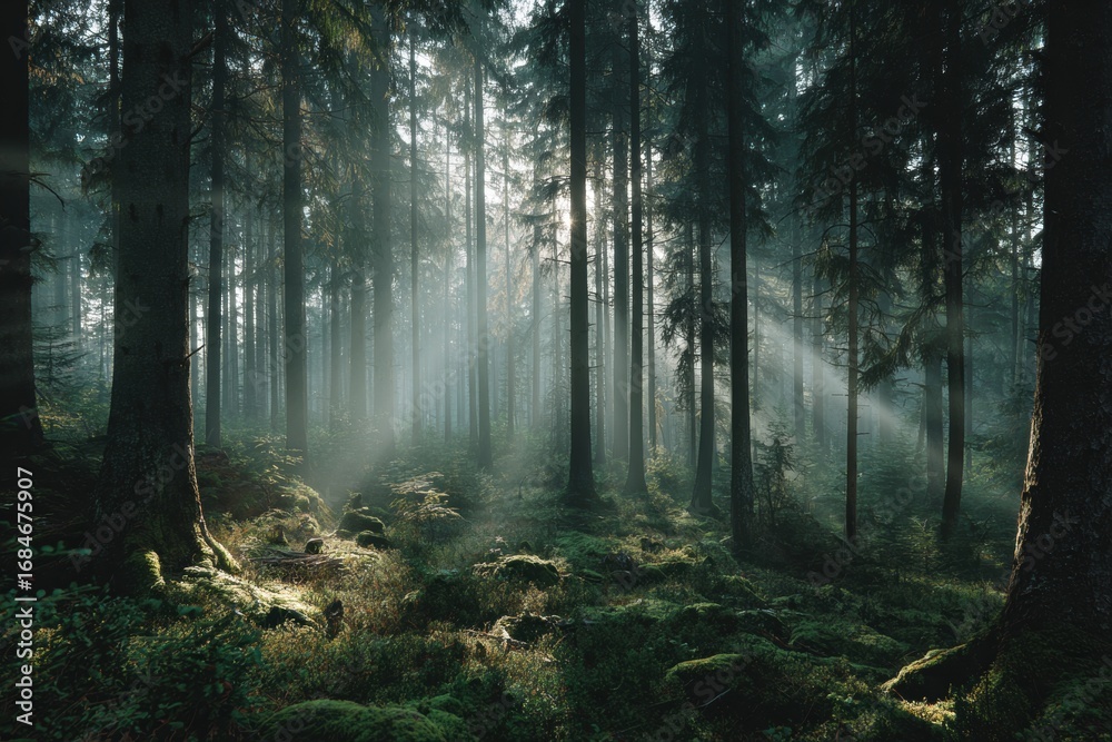 Obraz premium Morning light filters through tall trees in a serene forest, creating a peaceful atmosphere filled with soft green moss and dappled sunlight