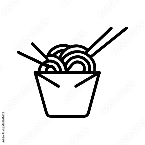 Noodle Delight: A monochrome illustration of a takeout container brimming with savory noodles and accompanied by a pair of chopsticks, depicting a simple, delicious meal.