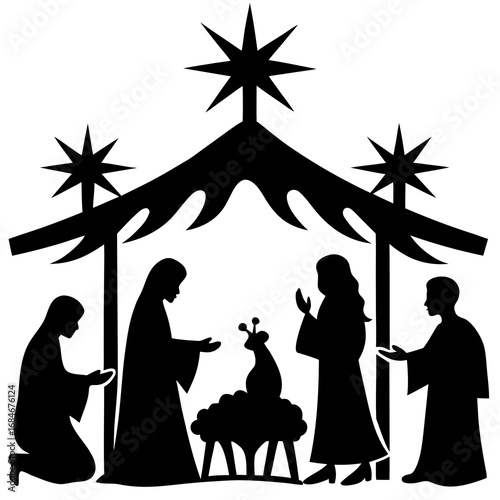 Christmas nativity scene silhouette with stars vector