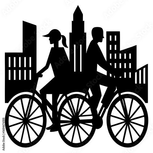 Couple cycling tandem city skyline bicycles