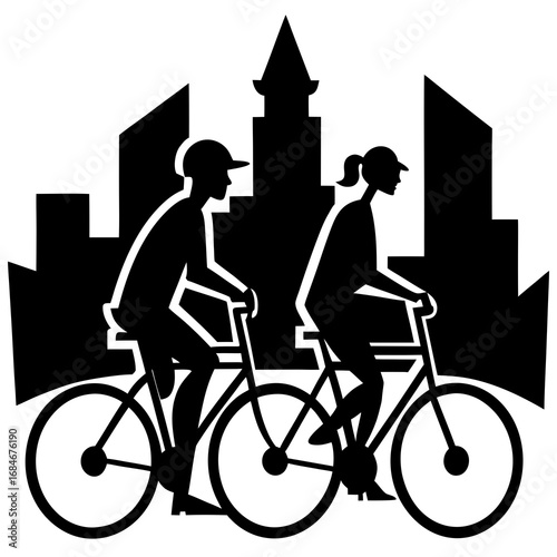 Couple cycling city buildings silhouette bicycles