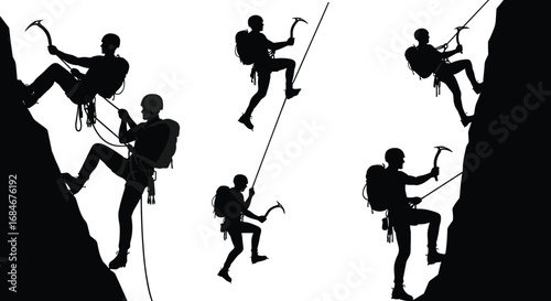 Silhouettes of mountain climbers using ropes and ice axes, showcasing rock climbing, adventure sport, and outdoor mountaineering techniques.