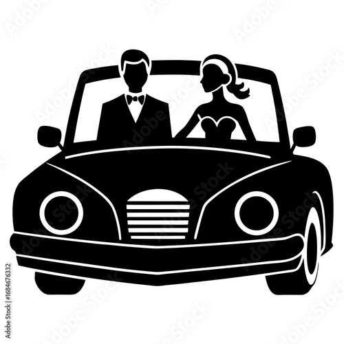 Couple driving convertible car wedding