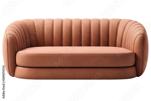 Modern terracotta colored loveseat with vertical channel tufting isolated on a transparent background