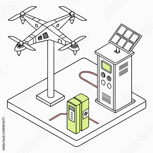 Illustration of a drone charging station powered by solar panels, representing the future of autonomous aerial transportation and renewable energy infrastructure