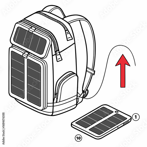 Illustration of a backpack with integrated solar panels and a portable solar panel, highlighting renewable energy and outdoor gear