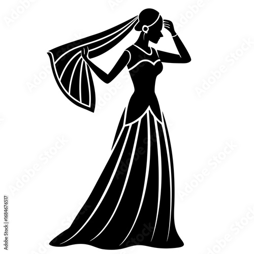 Elegant bride adjusting veil in silhouette wedding