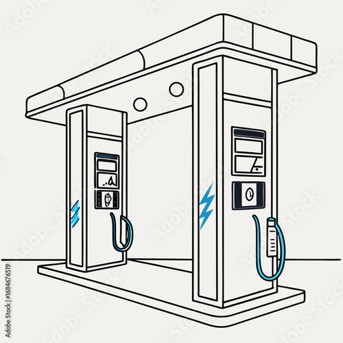 Illustration of a traditional gas station, depicting fuel pumps and canopy, representing conventional transportation infrastructure and fossil fuel dependency