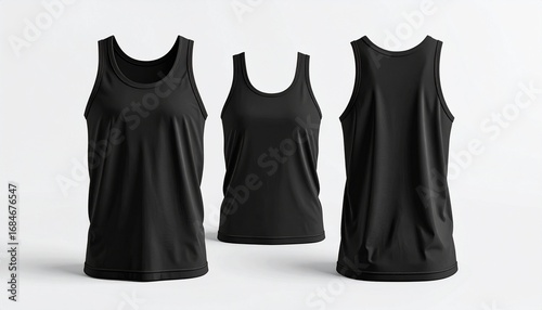 Three Black Tank Tops Mockup: Front and Back Views for Apparel Designs, Black Sleeveless Shirts: Realistic Mock-up for Athletic and Casual Clothing