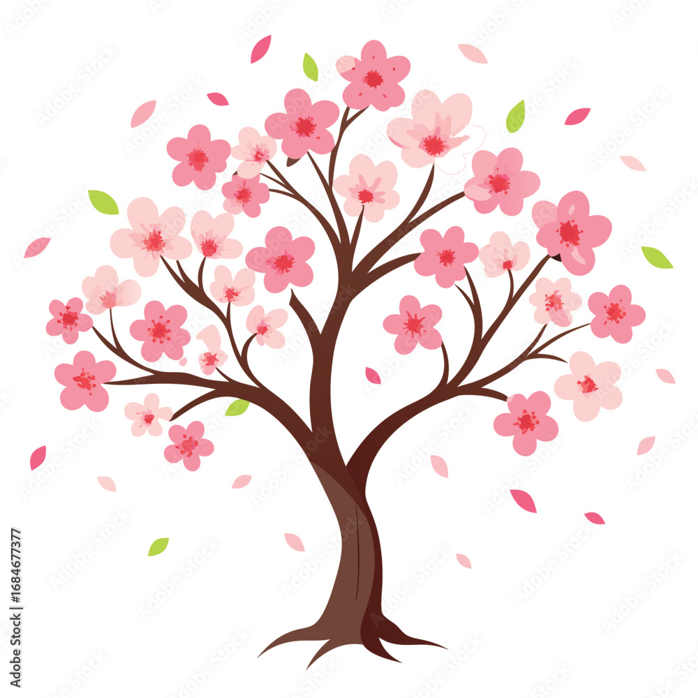 Fototapeta premium A delicate cherry blossom tree icon with soft pink petals, a beautiful and clean minimal design on a simple white background, for spring or nature themes.