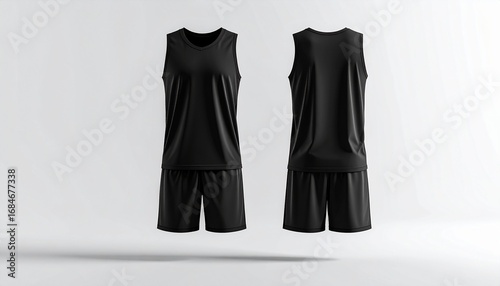 Front and Back View of a Black Basketball Uniform Displayed Against a Clean White Background, Sleek Black Basketball Jersey and Shorts Mockup for Team Apparel Designs