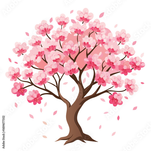 Delicate cherry blossom tree in full bloom with soft pink petals, a beautiful and elegant illustration on a clean white background, symbolizing spring.