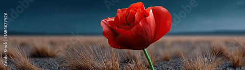 Red poppies displayed for remembrance day concept. A vibrant red flower stands solitary against a dark stormy sky.