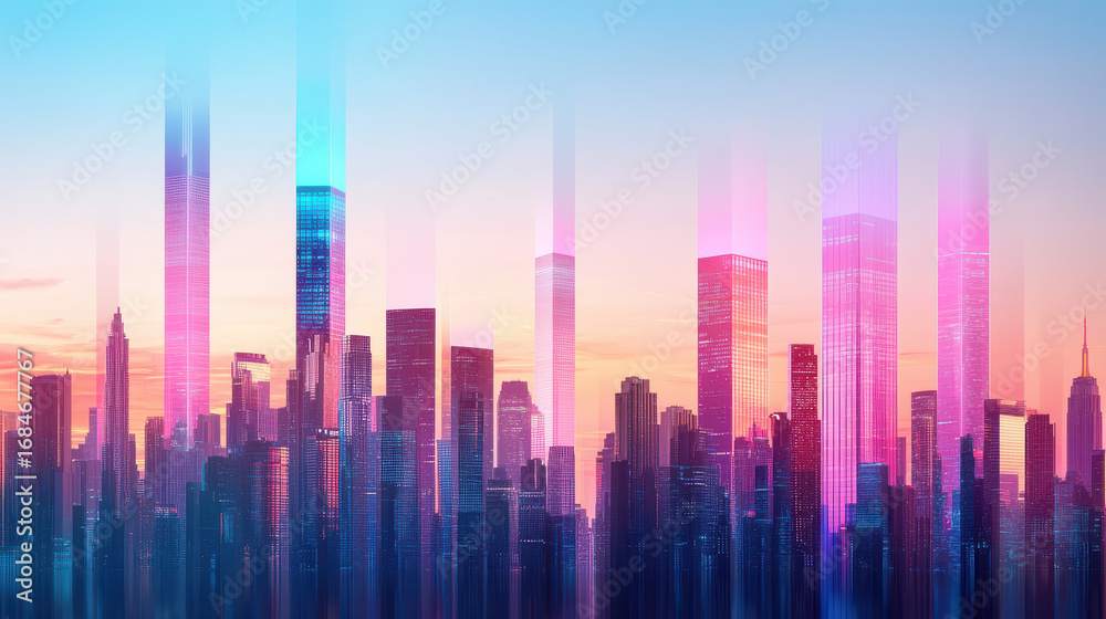 Fototapeta premium Futuristic city skyline with vibrant colors and tall buildings, showcasing blend of modern architecture and dreamy atmosphere