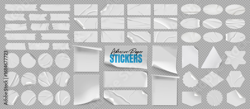 White glued paper sticker and torn adhesive plastic tape mockup with curled corner and wrinkle effect. Realistic sticky note, glue label, price tag, pvc sheet, cellophane and ribbon set for business.
