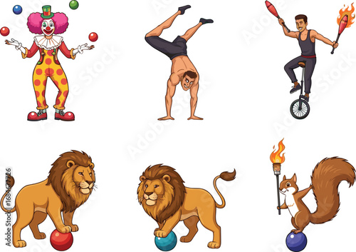 Circus clown juggling colorful balls, acrobatic handstand performer, fire juggler on unicycle, lions balancing balls, squirrel with torch, circus entertainment show