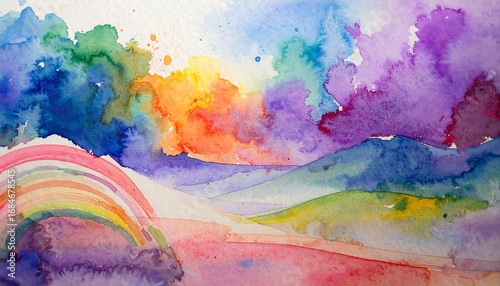 Vibrant watercolor landscape with rainbow