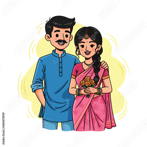 Cartoon illustration of a happy Indian couple in traditional attire, holding flowers.