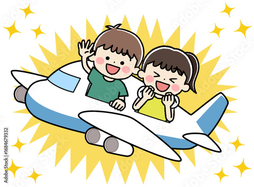 飛行機で旅行する子供たちのイラスト
