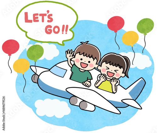 飛行機で旅行する子供たちのイラスト