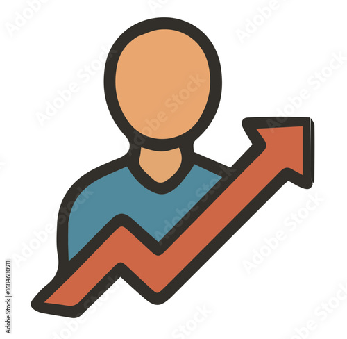 Flat design icon of person with upward trending arrow.
