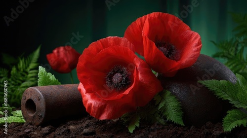 Red poppies displayed for remembrance day concept. Vibrant red poppy flowers amidst lush green foliage and soil.