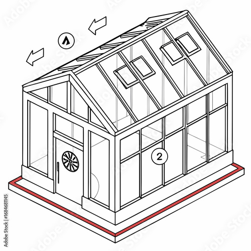 Illustration of a greenhouse structure with glass panels, ventilation windows, and a door, depicting sunlight direction and construction details in a technical diagram