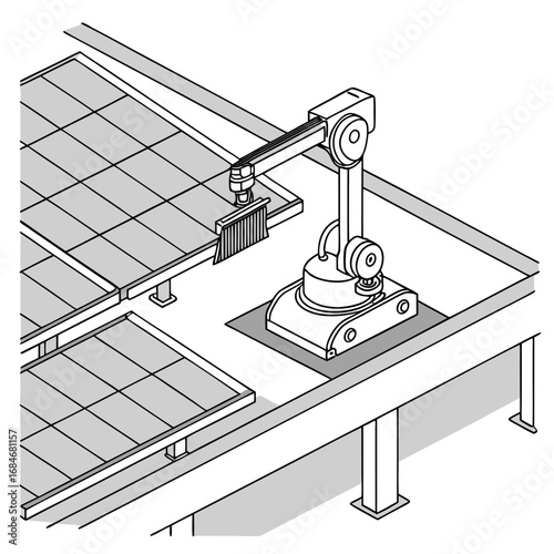 Illustration of a robotic arm working on solar panels, , showcasing automation in manufacturing and renewable energy technology