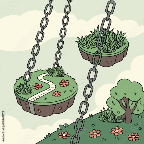 Vector art of a whimsical illustration features floating islands suspended by chains, creating a dreamy landscape with flowers, paths, and a serene atmosphere in a cartoon style illustration
