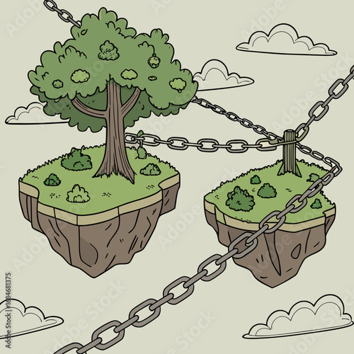 Vector art of cartoon illustration of floating islands connected by chains in the sky, featuring trees, bushes, and clouds, creating a whimsical and peaceful landscape for a fantasy or dreamlike scene