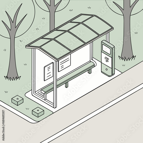 Vector art of isometric illustration of a bus stop with a bench and information panel, surrounded by trees, creating a modern and minimalist urban scene for public transport and city life