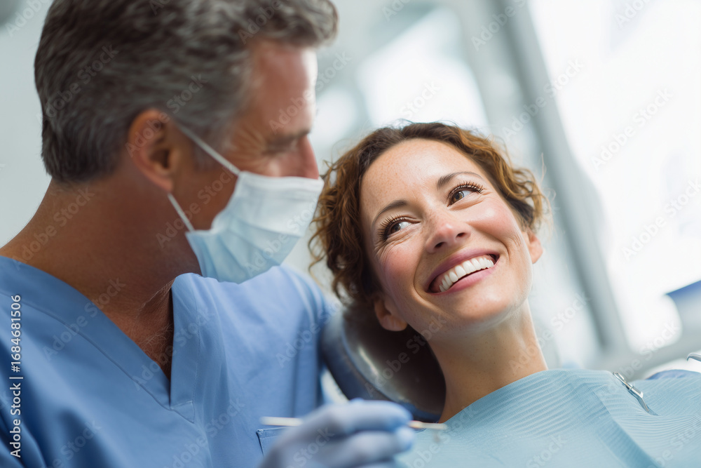Fototapeta premium Happy smiling woman receiving dental care from a professional dentist wearing mask in modern clinic