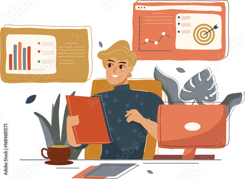 Flat Style Cheerful Businessman Working with Data and Chart Illustration