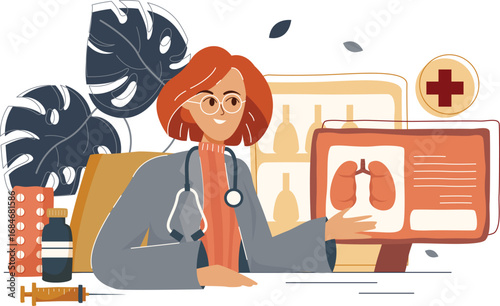 Modern Flat Illustration of Doctor Explaining Lung X-ray Diagnosis Result