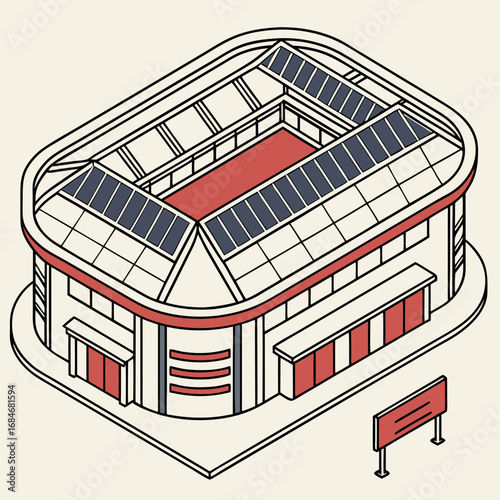 Vector art of isometric illustration of a stadium with red accents, showcasing modern architecture and design for sports events, with a focus on the buildings structure and exterior